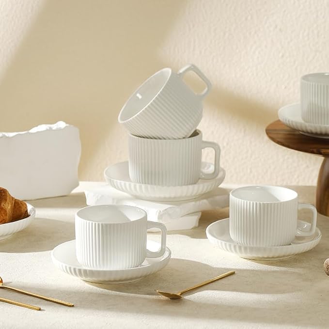 5 Ounce Espresso Cups Set of 4, Small Coffee Cups with Saucers and Spoons, White Cream Ceramic Demitasse Espresso Mugs