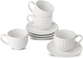 Hasense 4 Oz Espresso Cups with Saucers Set of 4, Ribbed Cappuccino Cups Ceramic for Coffee,Espresso,Double shot,Latte and Macchiato, Demitasse Cups Set Aesthetic Gift, White