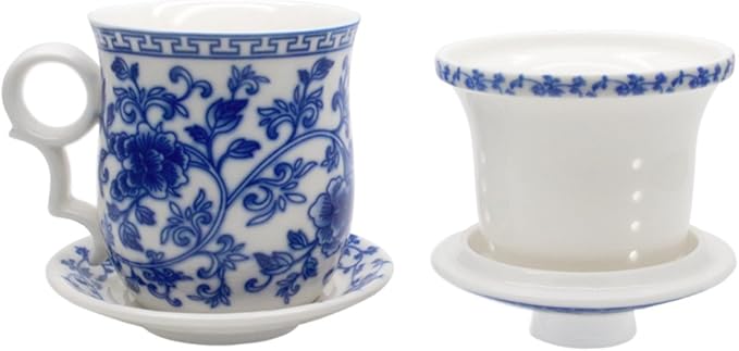 Porcelain Tea Cup with Infuser Lid and Saucer Sets - Chinese Jingdezhen Ceramics Coffee Mug Teacup Loose Leaf Tea Brewing System for Home Office