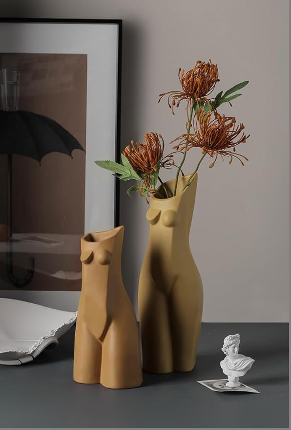 Modern Ceramic Decorative vase Human Body Shape Creative vase Jingdezhen Famous kiln Stucco Clay vase Suitable for Home Decoration Dining Table Living Room Shelf Decoration (Brown)
