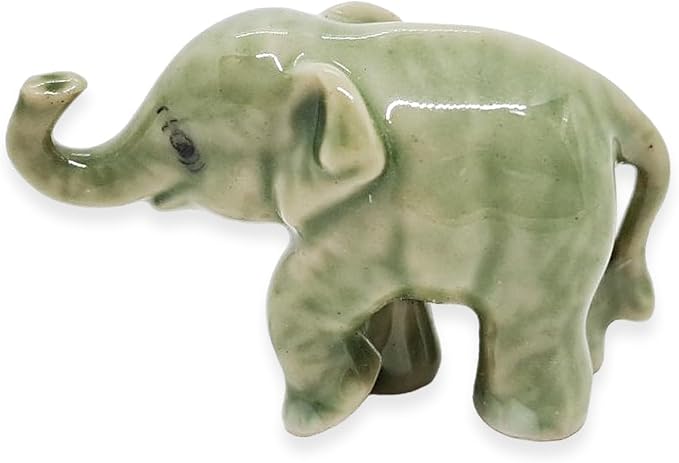 ChangThai Design Tiny 1" Light Gray Baby Elephant Stand Lift Trunk Figurine - Miniature Hand Made Painted Ceramic Asian Elephants Cute Wild Animals Porcelain Decorative Collectible Figures Décor Gifts