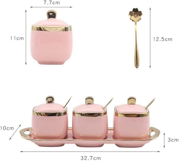 Spice Jars,Ceramic Spice Containers Kitchen Sugar Salt Condiment Jars Jars set with Lids and Spoons (White)