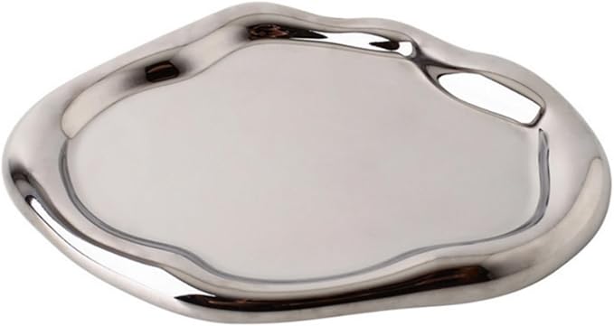 Silver Tray Decorative Vanity Tray Bathroom Tray Jewelry Dish Ceramic Silver Round Plate Holder Makeup Tray Home Organizers Irregular Storage Plate Bathroom Organizer(Long)