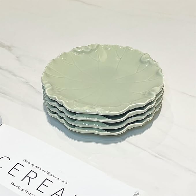 WAIT FLY 4PCS Lotus Leaf Ceramic Dessert Plates 6 Inch Snack Plates Serving Plates for Cake Appetizer Dried Fruit-Green