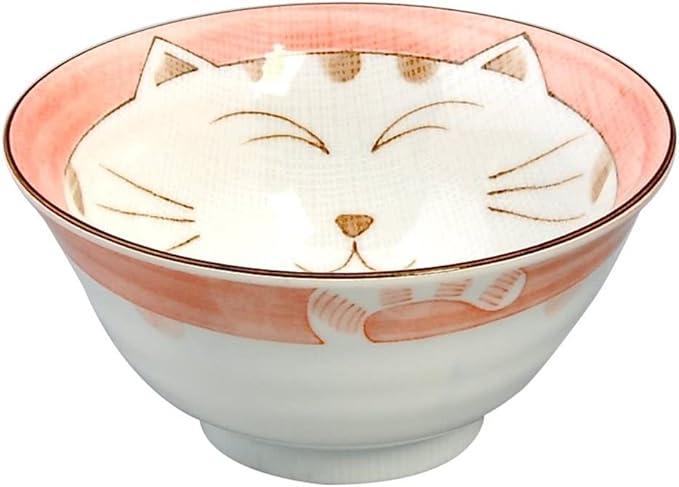 JapanBargain, Set of 4 Japanese Porcelain Bowls Serving Soup Rice Noodle Udon and Salad, Maneki Neko Smiling Cat Pattern, 18 fl.oz, 6-inch, Pink Color, Made in Japan