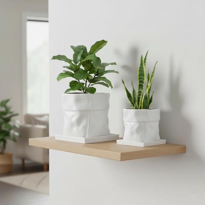 Nihow Ceramic Plant Pot: 8 Inch Planter with Drainage Hole & Square Saucer for Herbs/Plants, Bag Shape Design Flower Pot for Indoor & Outdoor Garden Decor - White