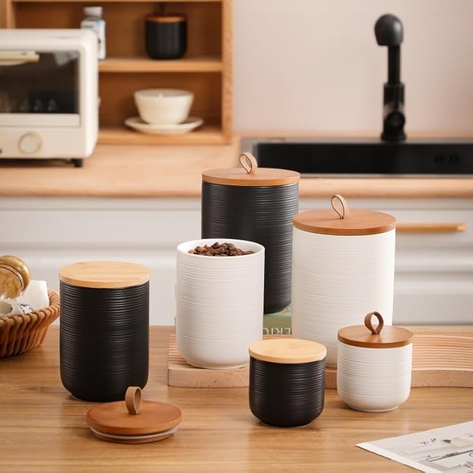 Comeon Ceramics Canister with Lid, Matcha Container Jar for Spice Sugar Tea Bag Coffee Canister Sets for Kitchen Counter with Bamboo Lid (White)