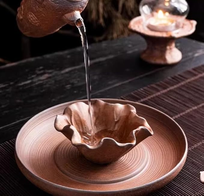 Handmade Chinese Rough Pottery Teacup, Vintage Zen Style Lotus Leaf Design, Small Gongfu Tea Cup for Tea Sake Wine, Earth Brown, Unique Gift for Tea Lovers