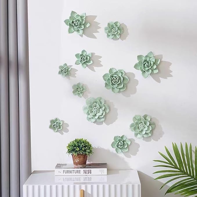 Snow Lotus，3.54" Ceramic Flower Wall Art, Artificial 3D Flower Wall Art, Handmade 3D Wall Art Hanging Sculpture, Porcelain Flower Wall Decoration for Home Office Decor (Light Green)