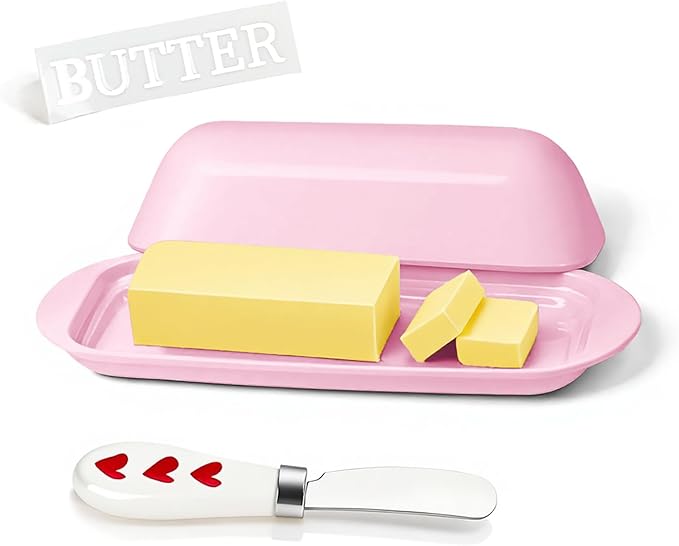 BPA-Free Melamine Butter Dish with Lid & Stainless Steel Knife-Farmhouse Butter Keeper for Countertop & Refrigerator, Dishwasher Safe, Holds 1 Stick with East & West Coast Butter-Pink Heart