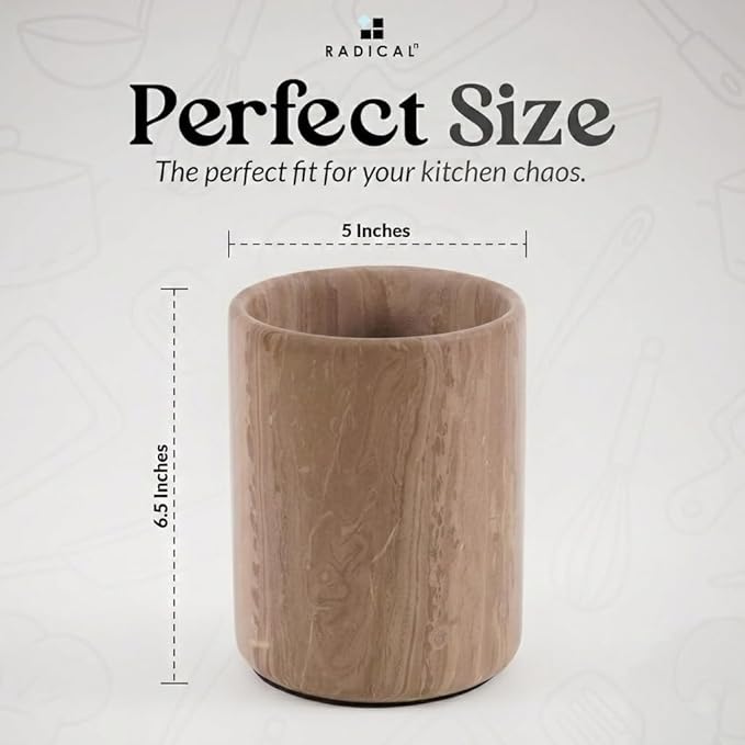 Radicaln Marble Utensil Holder 6.5" Inches Natural Brown Handmade Spatula Set for Kitchen Counter, Cooking Utensils Jar & Kitchen Essentials Organizer, Ideal Utensil Caddy & Spoons Holder