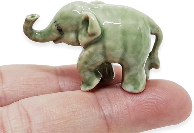 ChangThai Design Tiny 1" Light Gray Baby Elephant Stand Lift Trunk Figurine - Miniature Hand Made Painted Ceramic Asian Elephants Cute Wild Animals Porcelain Decorative Collectible Figures Décor Gifts