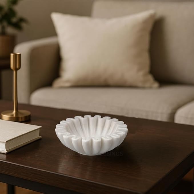 SWADESHI BLESSINGS HandCrafted Marble Ruffle Bowl/Antique Scallop Bowl/Fruit Bowl/Vintage Ring Dish/Decorative Flower Dish/HouseWarming Gift/Wedding Gifts/Urli (6 Inches)