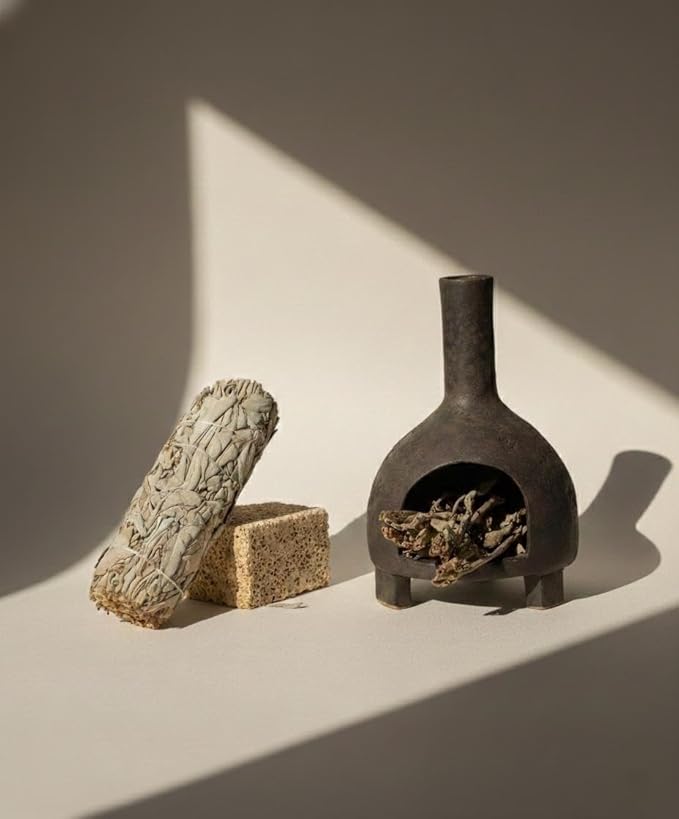 Sculptural Ceramic Incense Holder & Burner, Handmade Textured Clay with Black Glaze, for Sage & Palo Santo, Rustic Natural Centerpiece for Yoga & Meditation