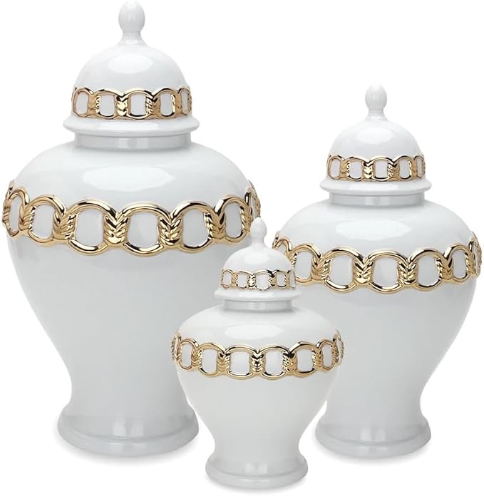 Noori Home - 100% Modern Glam Artisan Ceramic SOPH Small White/Gold Ginger Jar Urns with Lid