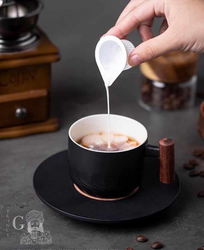 PRINCE G Japanese Style Ceramic Mug with Matching Saucer – Handmade Espresso, Coffee, Tea & Matcha Cup, Ideal Gift Set with Handgrip (BLACK)
