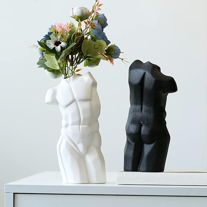WAYUTO Male Body Ceramic Vase - Unique Man Shaped Desktop Flower Holder - Modern Art Sculpture Decor for Home - White
