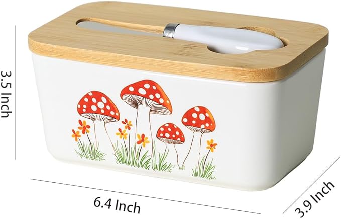WAIT FLY Mushroom Ceramic Butter Dish with Bamboo Lid and Knife, 2 Sticks Butter Dish Butter Container Keeper for Kitchen Countertop, Home Decorative-Mushroom