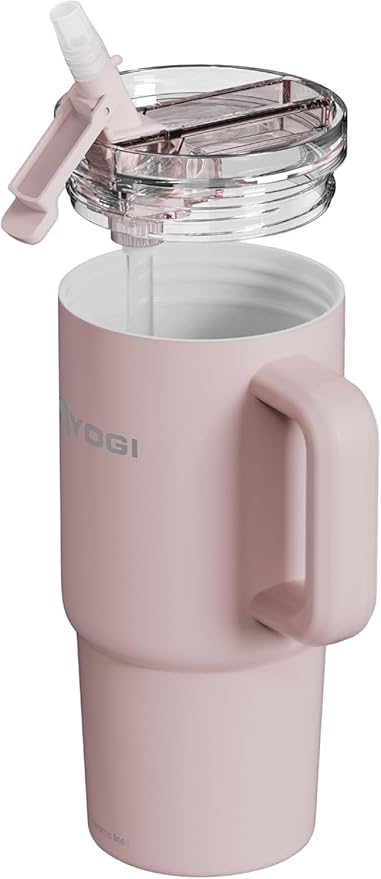 YOGI Ceramic Lined Metal Allergy Safe 24oz Tumbler Handle Comes with Straw Leakproof Flip & Sip Lid Vacuum Insulated Stainless Steel Travel Cup for Iced Coffee and Water Hydration 24oz Peonypink