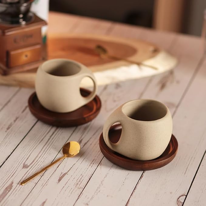 1pcs-Ceramic Coffee Cup Sets (250ML, 7*9.8*7.5cm), Japanese Style Hot Tea Cup, Coarse Earthenware Latte Cup, Includes Cup Saucer and Spoon, Suitable for Home, Restaurant, Tea Party, etc.