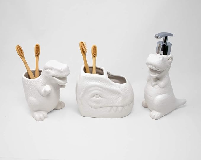 Isaac Jacobs White Ceramic Dinosaur Cup, Toothbrush Holder, Multi-Purpose Organizer, – Great for Toiletries, Bathroom, Kitchen, Crafts, Desk, Novelty Bathroom Accessory (Single Cup, White)