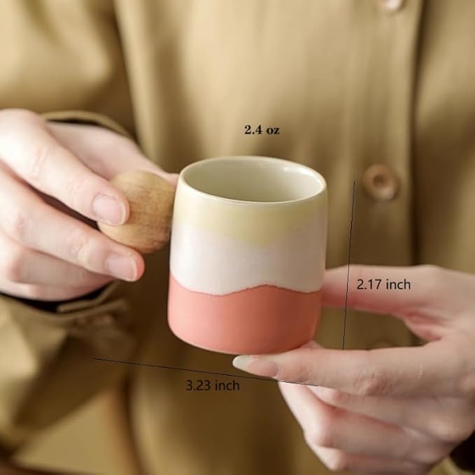 2.4oz Ceramic Espresso Cups Set of 4, Small Coffee Cups with Wooden Handle, Gradient Color Demitasse Cups, Ceramic Tea Cups Gift Box Packaging (Round Handle)
