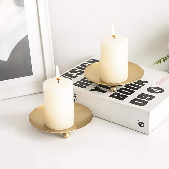 Gold Iron Plate Candle Holder, Decorative Iron Pillar Candle Plate, Set of 2, 4.37 inches D x 0.78 inches H, Pedestal Candle Stand for LED & Wax Candles, Incense Cones, Spa, Weddings (2 pcs)