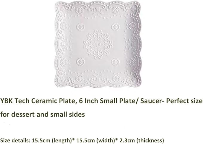 Eplze YBK Tech Elegant Square Embossed Lace Plate Bone China Dessert Plate Ceramic Plate for Breakfast Afternoon Tea (White, 6-inch)