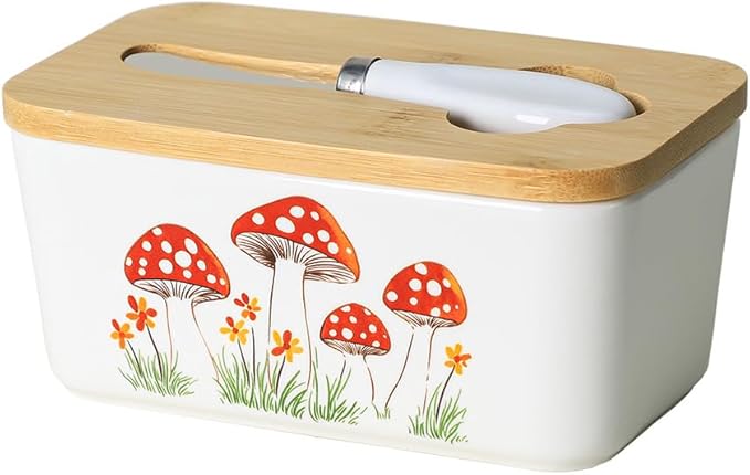 WAIT FLY Mushroom Ceramic Butter Dish with Bamboo Lid and Knife, 2 Sticks Butter Dish Butter Container Keeper for Kitchen Countertop, Home Decorative-Mushroom
