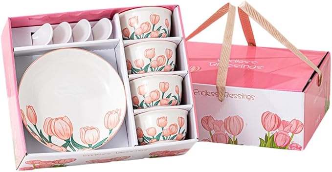 Premium Ceramic Dinnerware Set – Floral Bowls & Plates Set, Elegant Hand-Painted Design, Microwave Safe, Ideal for Wedding/Housewarming/Corporate Gifts (Tulip, 4*bowls+spoons+plates)
