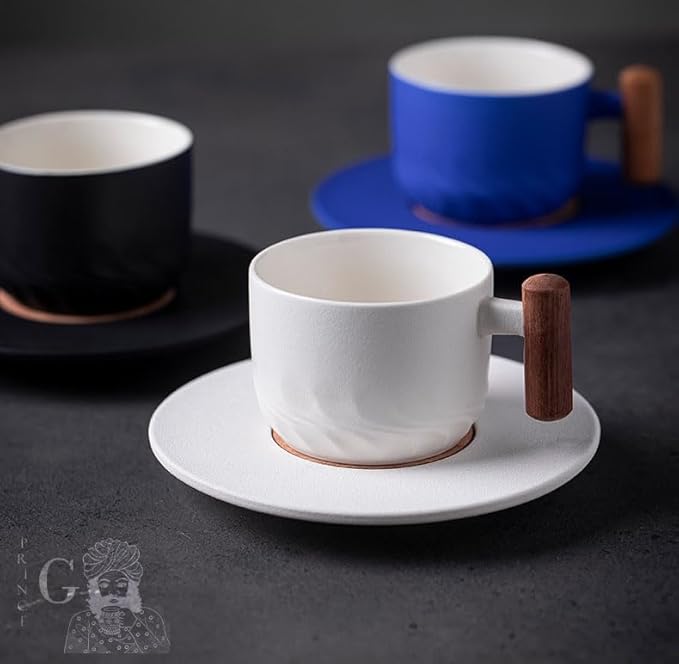 PRINCE G Japanese Style Ceramic Mug with Matching Saucer – Handmade Espresso, Coffee, Tea & Matcha Cup, Ideal Gift Set with Handgrip (BLACK)