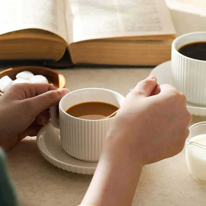 5 Ounce Espresso Cups Set of 4, Small Coffee Cups with Saucers and Spoons, White Cream Ceramic Demitasse Espresso Mugs