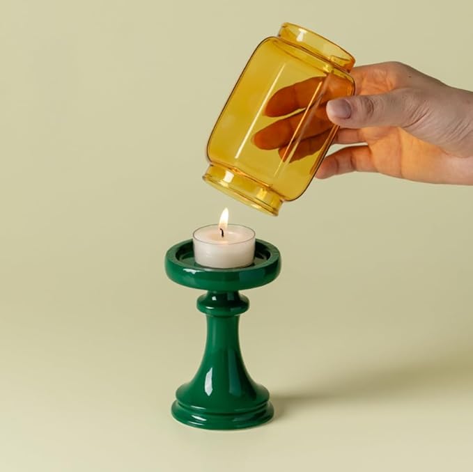 Decorative Glass Candle Holder with Floral Design, Traditional Asian Style, Red Base, 8.3 inch Height, 3 inch Diameter (Green Base – Plain Amber Glass)