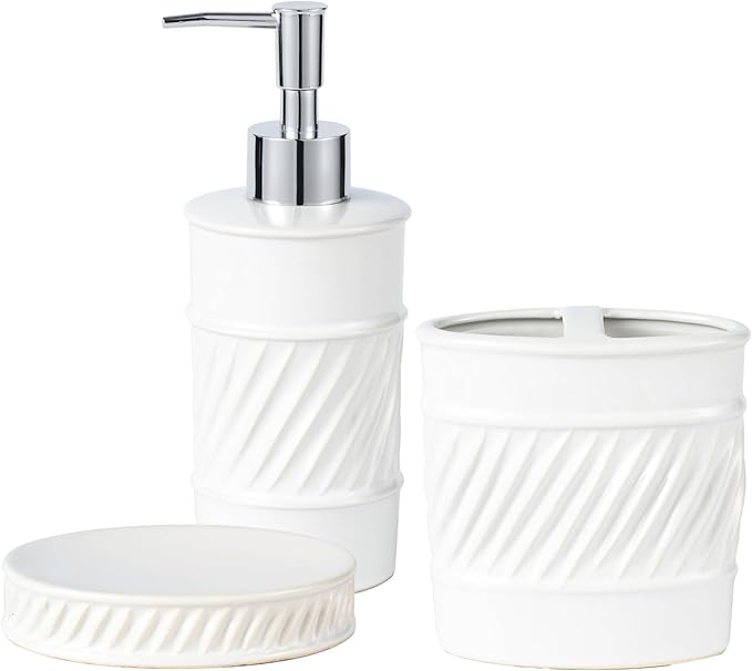 3-Piece Ceramic Bathroom Accessories Set - Soap Dispenser, Toothbrush Holder & Soap Dish with Modern Wave Embossed Design for Bathroom Accessory Set (White)