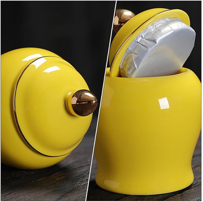 Amosfun Tea Storage Jar Ceramic Canister Yellow Lid Sealed Storage Solution for Household
