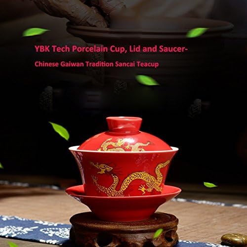 Porcelain Kung Fu Tea Cup and Saucer with Lid, Chinese Traditional Gaiwan Sancai Tea Bowl Tea Set Dragon Pattern (Red)
