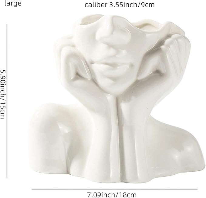 Ceramic Face Vase - Cute Half-Body Female Head Planter for Flowers, Modern Farmhouse Decor - Perfect for Desk, Table & Bookshelf, Home Accent (Large)
