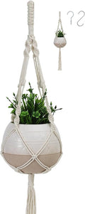 TAMAYKIM 6 Inch Ceramic Hanging Plant Pot with Macrame Plant Hanger, Drum Shape Small Flower Planter for Indoor Outdoor, Balcony Garden Decor, White with Beige