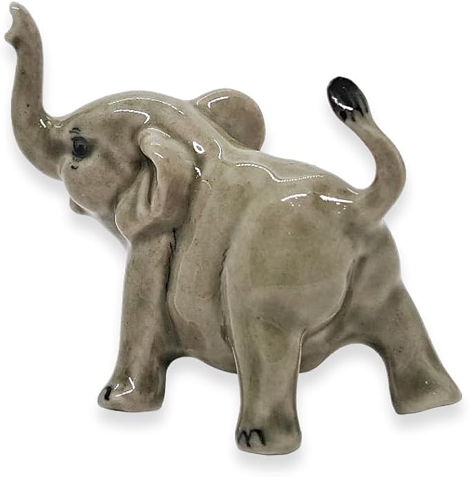 ChangThai Design Tiny 1¾" Light Gray Baby Elephant Walk Lift Trunk Figurine - Miniature Hand Made Painted Ceramic Asian Elephants Cute Wild Animals Porcelain Decorative Collectible Figures Décor Gifts