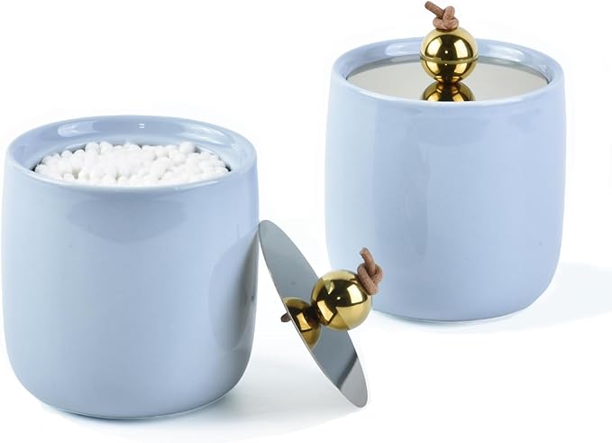 2 Pack Ceramic Qtip Holder Dispenser with Gold Lids, Blue Apothecary Jars Bathroom Vanity Organizer for Home Decor Bathroom Canister for Cotton Swabs, Rounds, Balls, Makeup Sponges, Bath Salts