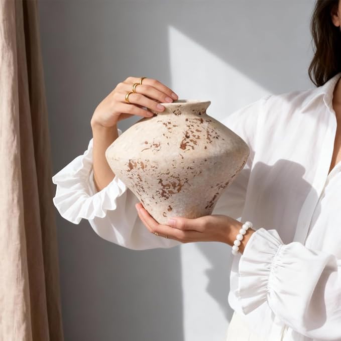 Whitewashed Terracotta Ceramic Vase 6.7", Small Rustic Farmhouse Pottery Vase with Wide Mouth, Watertight Flower Vase for Fresh Flowers & Pampas Grass, Table Centerpiece Shelf Decor