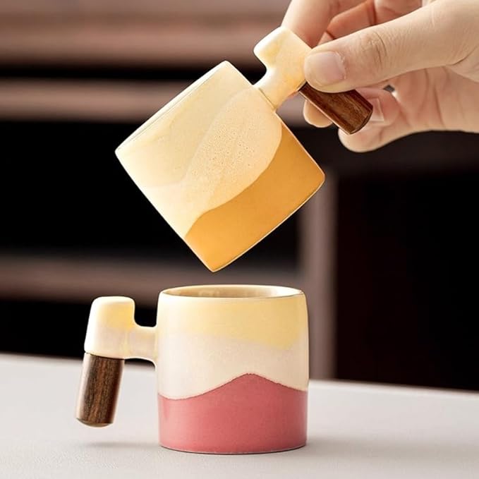 2.4oz Ceramic Espresso Cups Set of 4, Small Coffee Cups with Wooden Handle, Gradient Color Demitasse Cups, Ceramic Tea Cups Gift Box Packaging