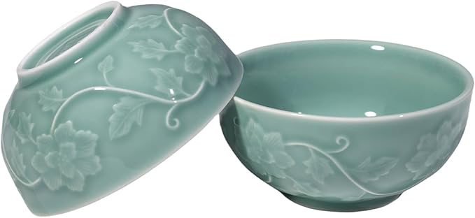 5-Inch Celadon Rice Bowl, Set of 2 - Round Ceramic Bowls for Soup, Stews, Holiday Meals - Classic Holiday Tableware - Durable, Dishwasher, Microwave, Freezer Safe