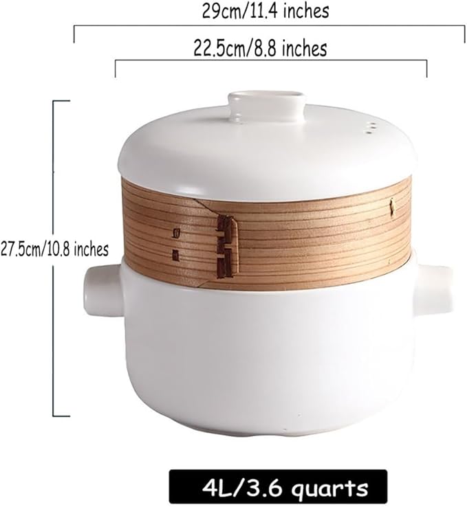 Steamer for Cooking Japanese Ceramic Hot Pot, Earthenware Clay Pot Casserole Steamer Cookware Stew Pot Stockpot with Lid & Steamer Basket for Healthy Cooking, Even Heating,White,4L