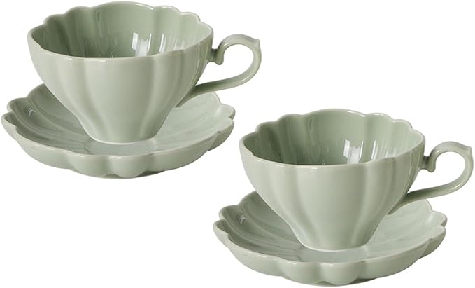 Flower Shaped Ceramic Coffee Cup Teacup with Saucer, Set of 2-Green