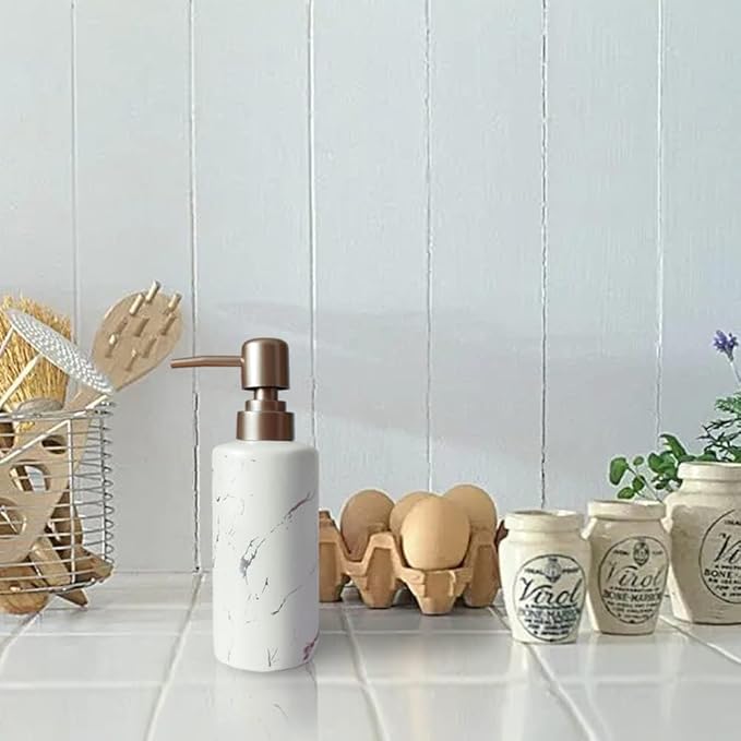 Gold Soap Dispenser for Bathroom or Kitchen, Skinny Ceramic Lotion Bottle with Marble Pattern, Rust-Free Pump(White)