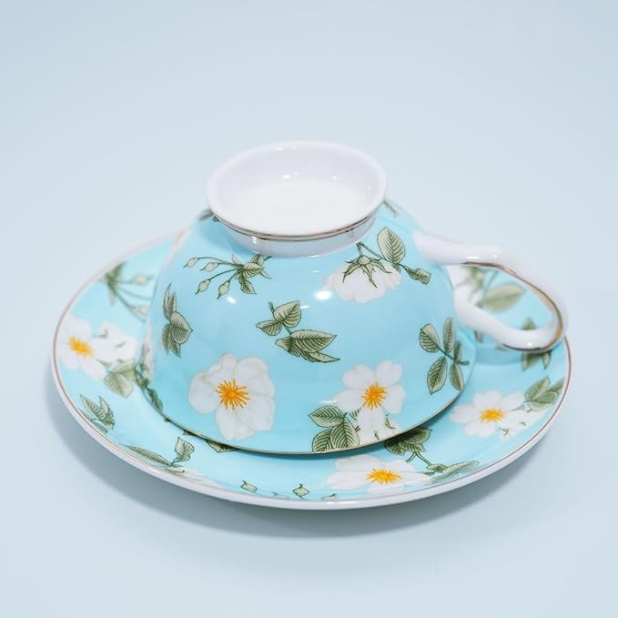 Bone China Tea Cup and Saucer Set with Spoon，Elegant Floral Tea Cup Set (7 oz)，British Coffee Latte Mug for Birthday Party Christmas gift for Friends