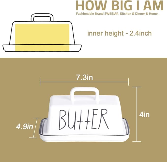 Sweejar Ceramic Butter Dish with Handle Lid, 7.3 Inch Porcelain Large Butter Keeper with Cover, Perfect for East/West Butter (Turquoise)