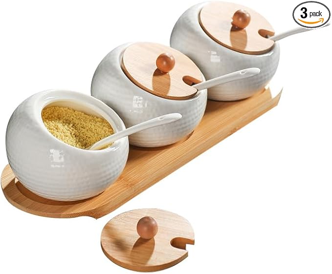 Ceramic Seasoning Container Spice Jar, Home Kitchen Seasoning Box Food Storage Container with Bamboo Lid and Bamboo Tray, Ceramic Spoon 200 ml (7 oz), Set of 3 Bottles, Suitable for Kitchen