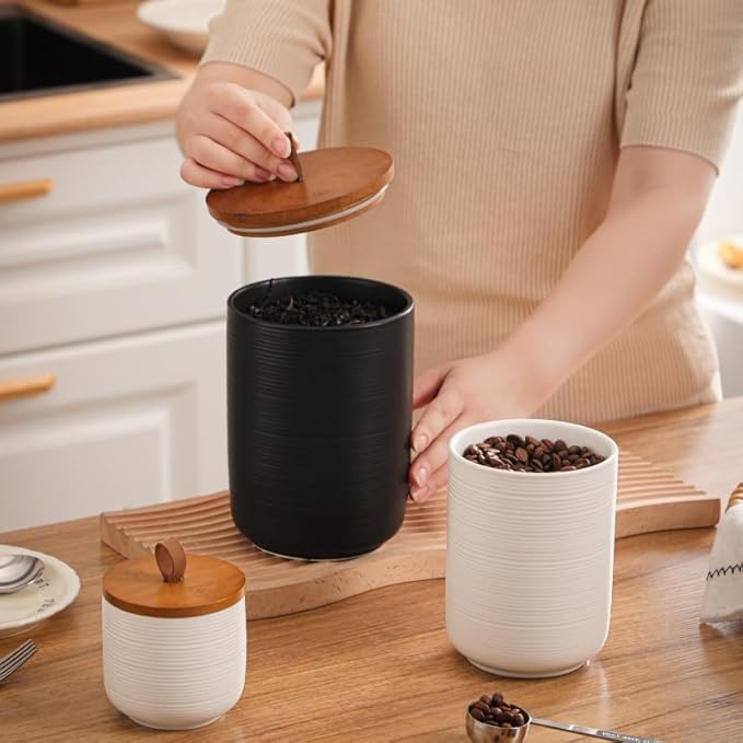 Comeon Ceramics Canister with Lid, Matcha Container Jar for Spice Sugar Tea Bag Coffee Canister Sets for Kitchen Counter with Bamboo Lid (Black)